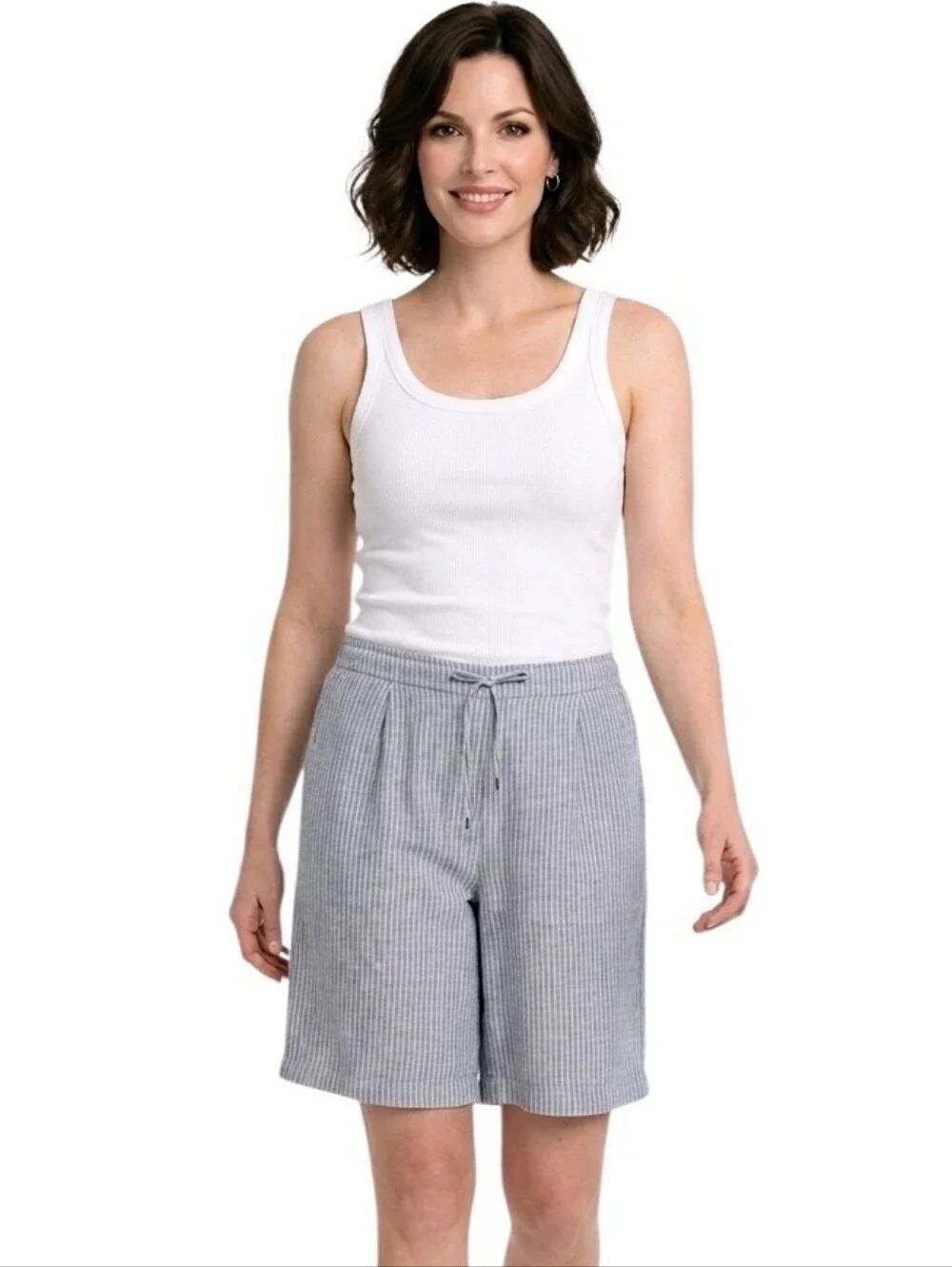Chico's Gray And White Stripped Linen Pull-On Drawstring Shorts Size 6